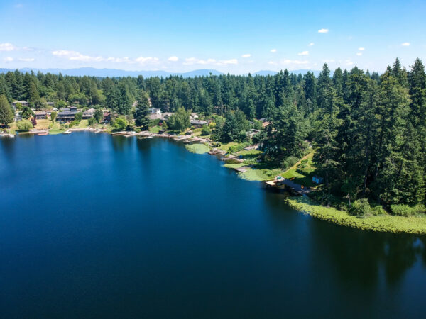blue lake and houses surrounded by evergreen trees in Washington State