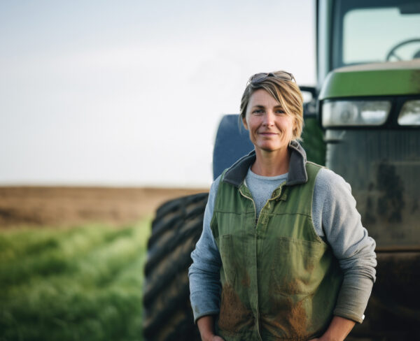 female farmer standing in front of a tractor