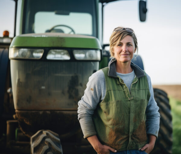 Female farmer standing in front of green tractor.