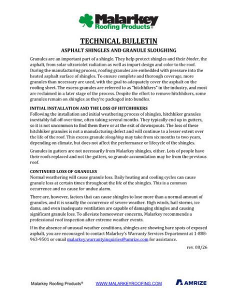 Technical Bulletin: Asphalt Shingles and Granule Sloughing