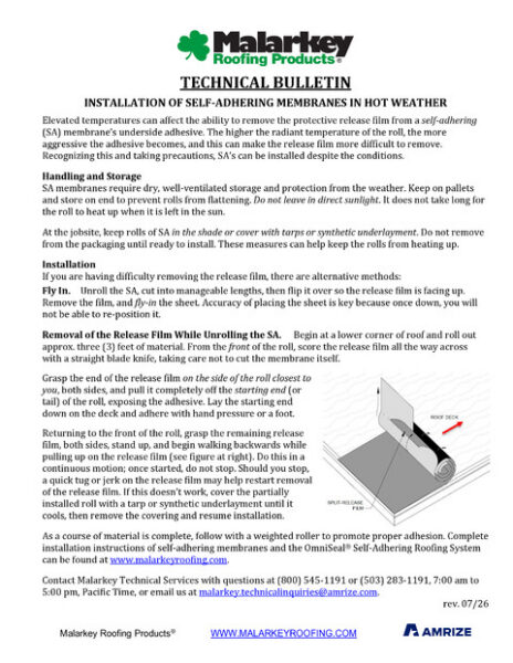 Technical Bulletin: Installation of Self-Adhering Membranes in Hot Weather