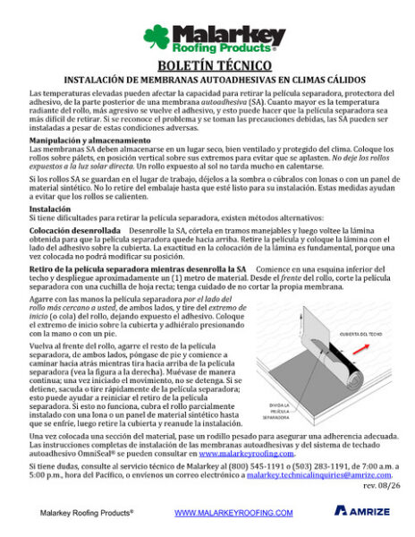 Boletín Técnico: Instalación de Membranas Autoadhesivas en Climas Cálidos (Español)