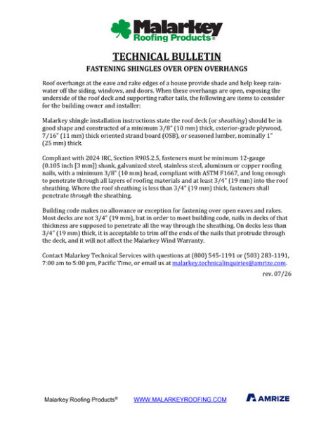 Technical Bulletin: Fastening Shingles Over Open Overhangs
