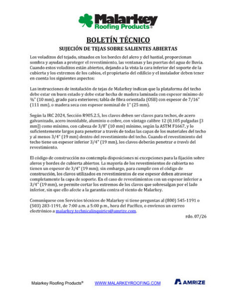 Boletín Técnico: Sujeción de Tejas Sobre Salientes Abiertas (Español)