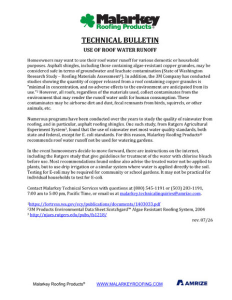 Technical Bulletin: Use of Roof Water Runoff